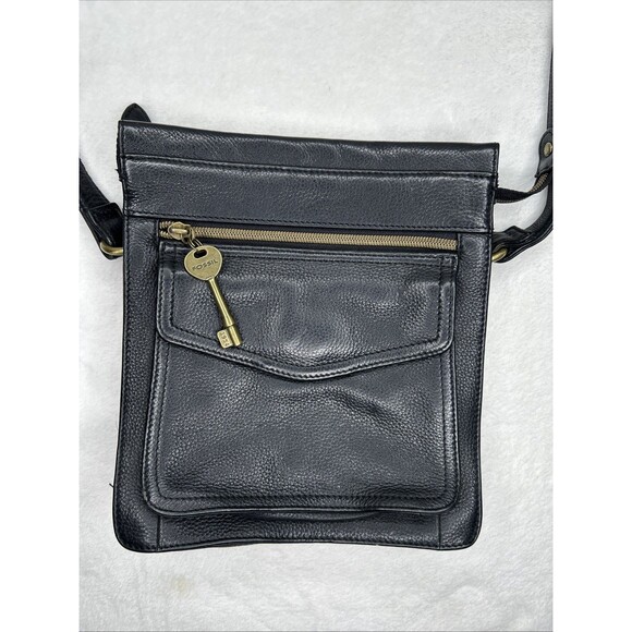 Fossil 1954 Pebbled Black Leather Crossbody Purse Shoulder Bag 75082 With Key 9" - Picture 1 of 9